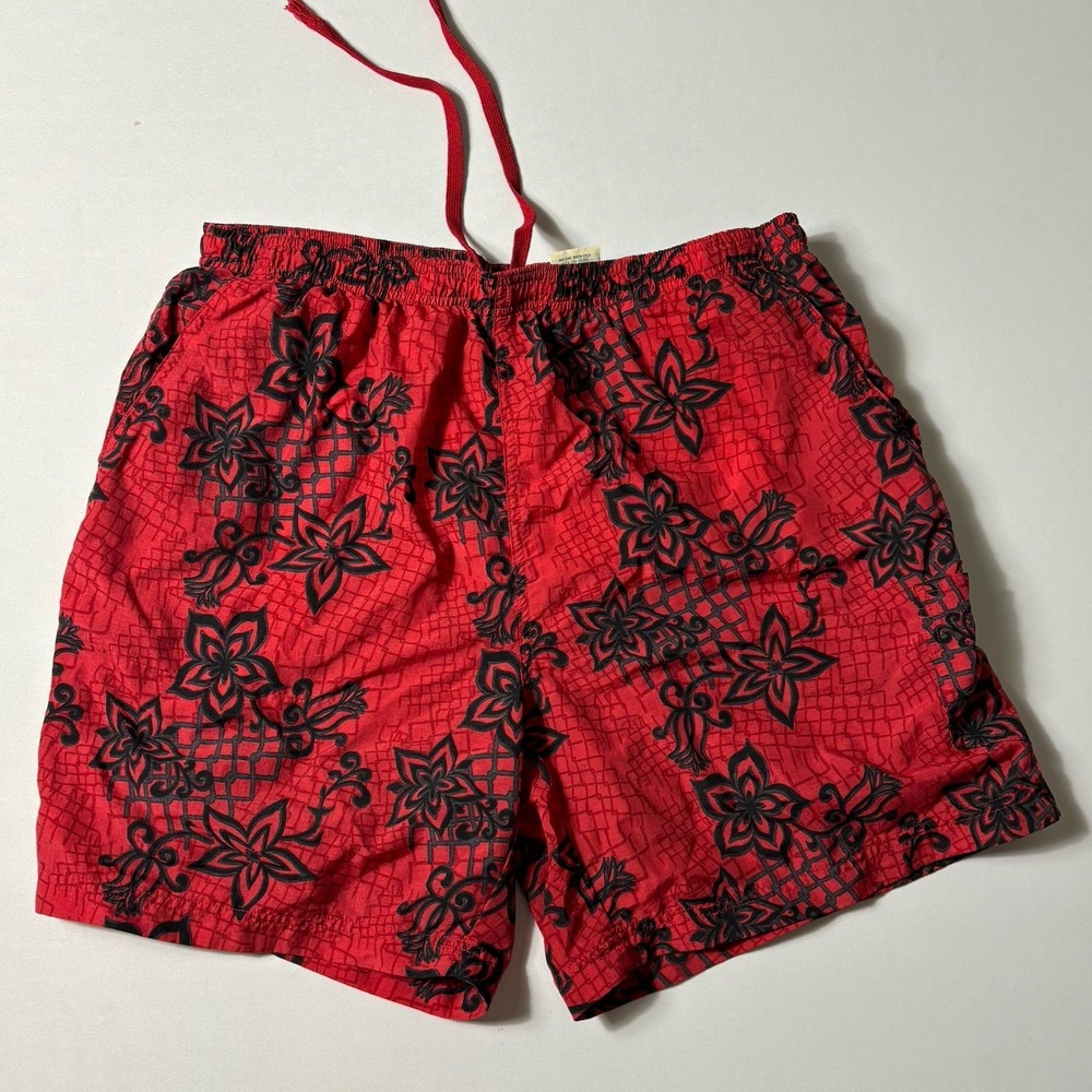 St Johns Bay Swim Trunks Mens L Red Floral Beach Shorts Drawstring Lightweight